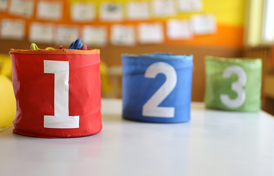 Numbered colored storage bins.