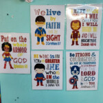 Cute superhero drawings with quotes from Bible next to them.
