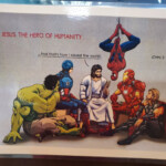 A drawing of superheroes and Jesus having a discussion.