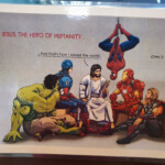 A drawing of superheroes and Jesus having a discussion.